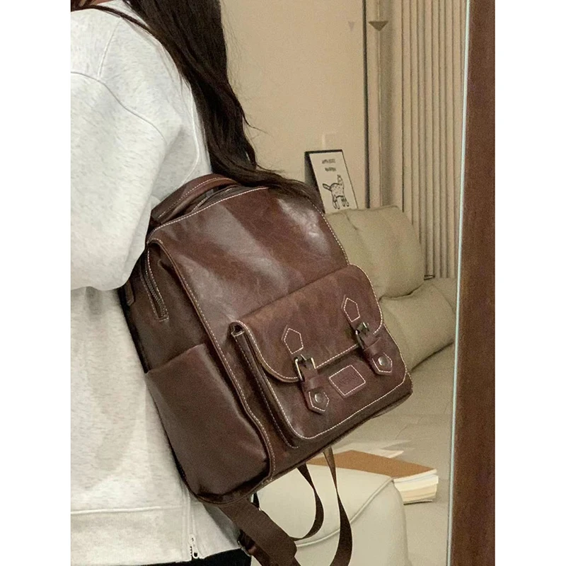 Richme Vintage Maillard Backpacks Women 2024 New Trend Large Capacity Students Casual Daily Bolsa Feminina College PU Bag Female