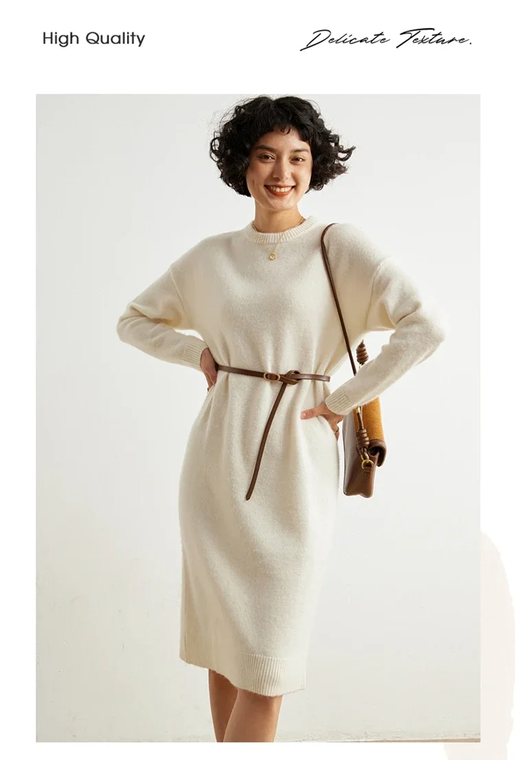 Women's Simple Loose Mid-Length Over-the-Knee Cashmere Sweater Thickened round Neck Knitwear Base for Autumn Winter