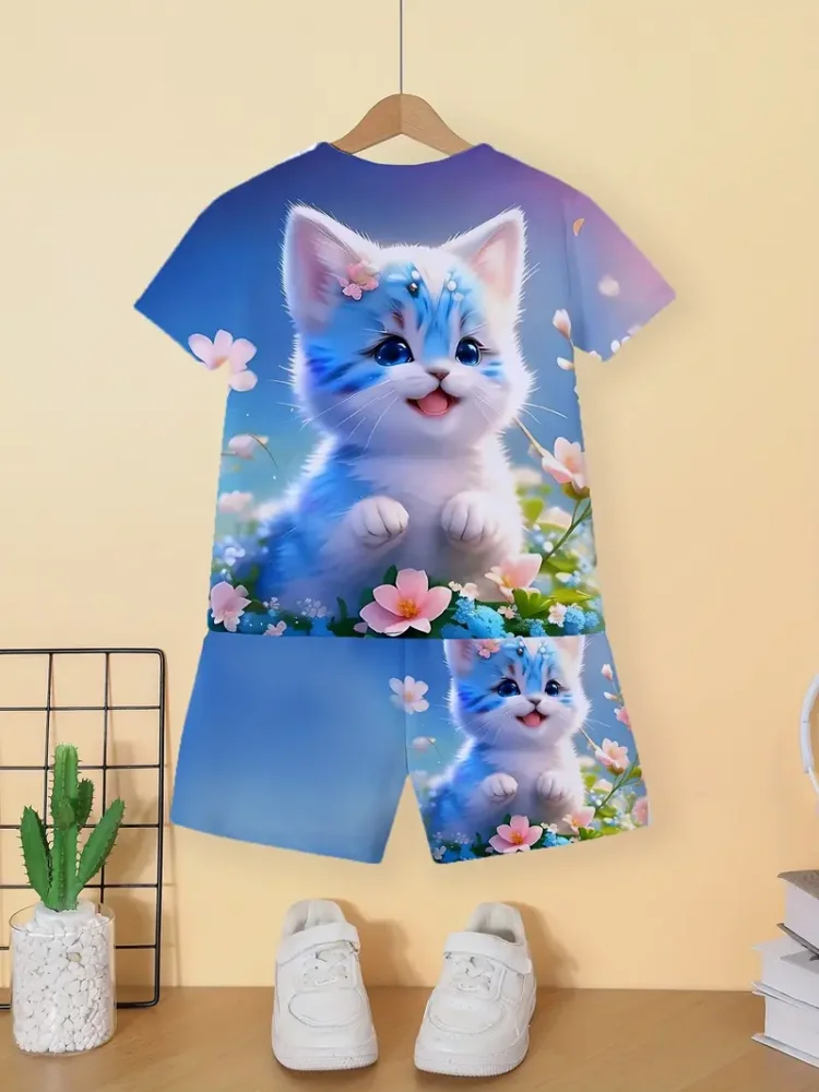 

Children's Cat T-Shirt Shorts Set Summer Casual Girl Clothes Short Sleeve Kids Sets for Children Tops Outdoor Sport Girl Outfits