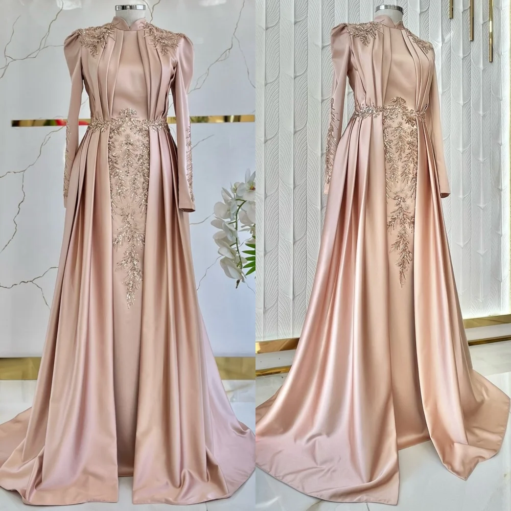 

Customized Intricate Matching Charmeuse Sequined Pleat A-line High Collar Long Dresses Bespoke Occasion Sexy