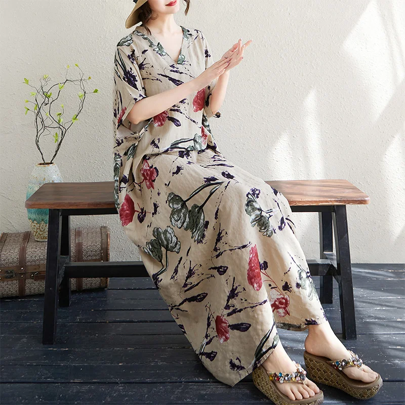 

V-Ne Cotton Lin Long Sve Loose Fit Beach Skirt Summer Vaion Sle Casual Wear ort Sve Maxi Dr for plus Size