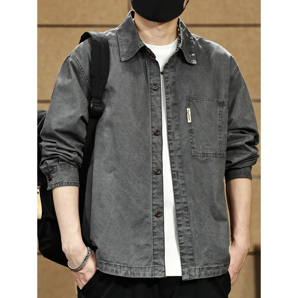 Men's long-sleeved Spring and Autumn new retro workwear shirt, Japanese-style loose plus-size jacket for men