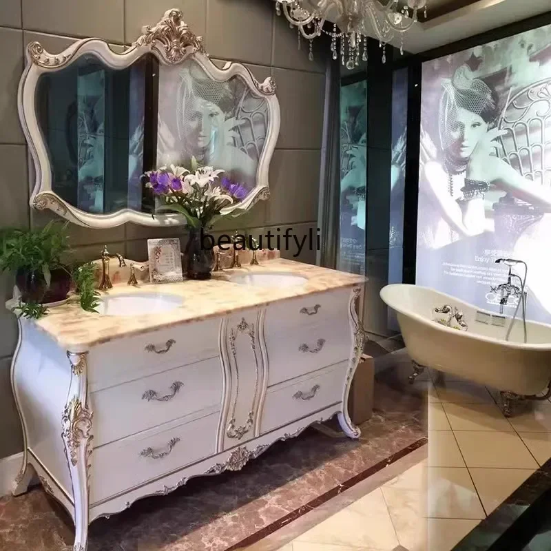 cqyHigh-End Retro Bathroom Cabinet Combination Oak Bathroom Table Marble Double Basin Face Washing Cabinet