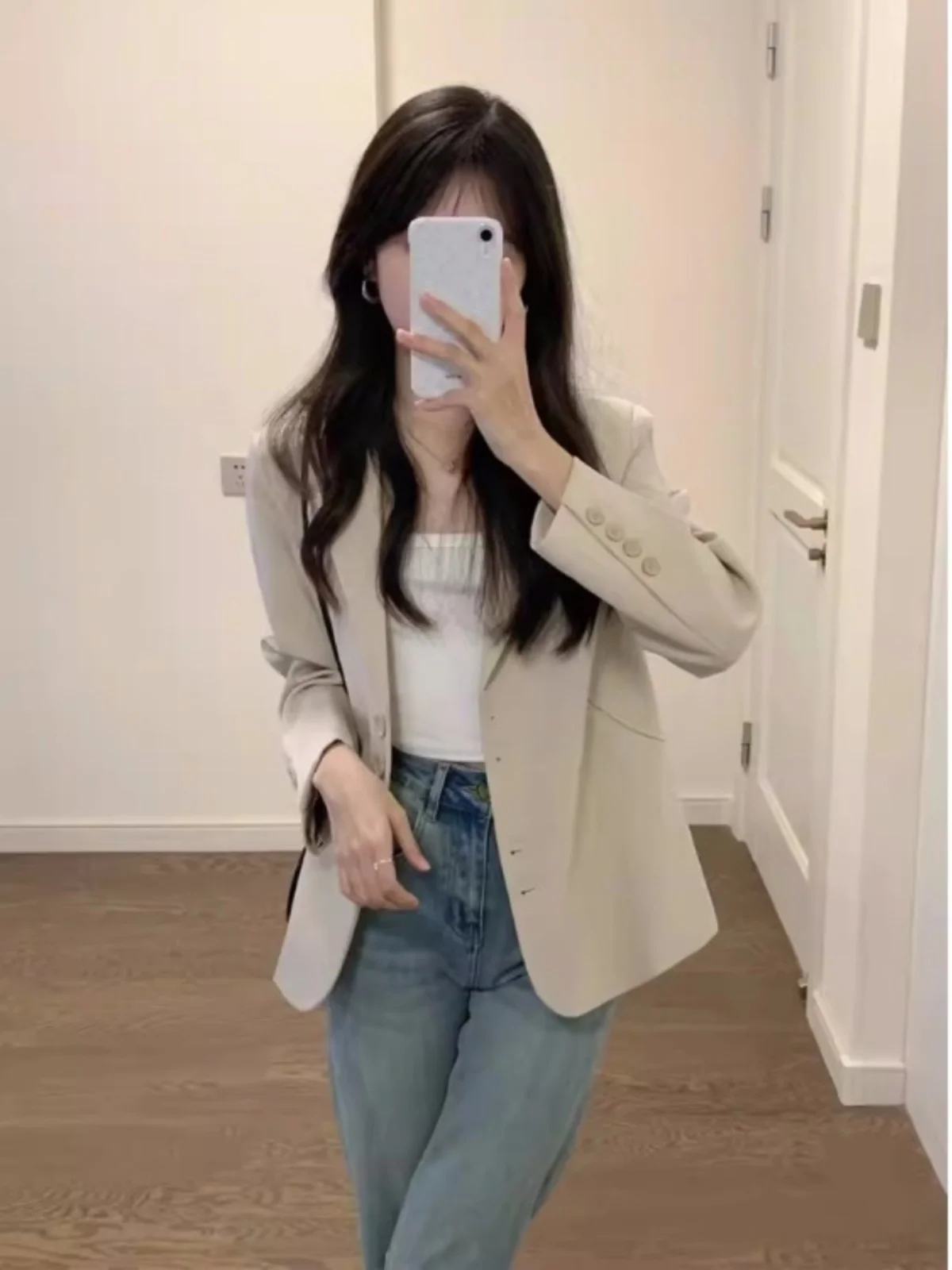 

Светлый цвет, маленький размер, женский костюм цвета хаки, тюжет, повседневный, элитный, весенне-осенний, модный, свободный крой, длинный све, на пуговицах