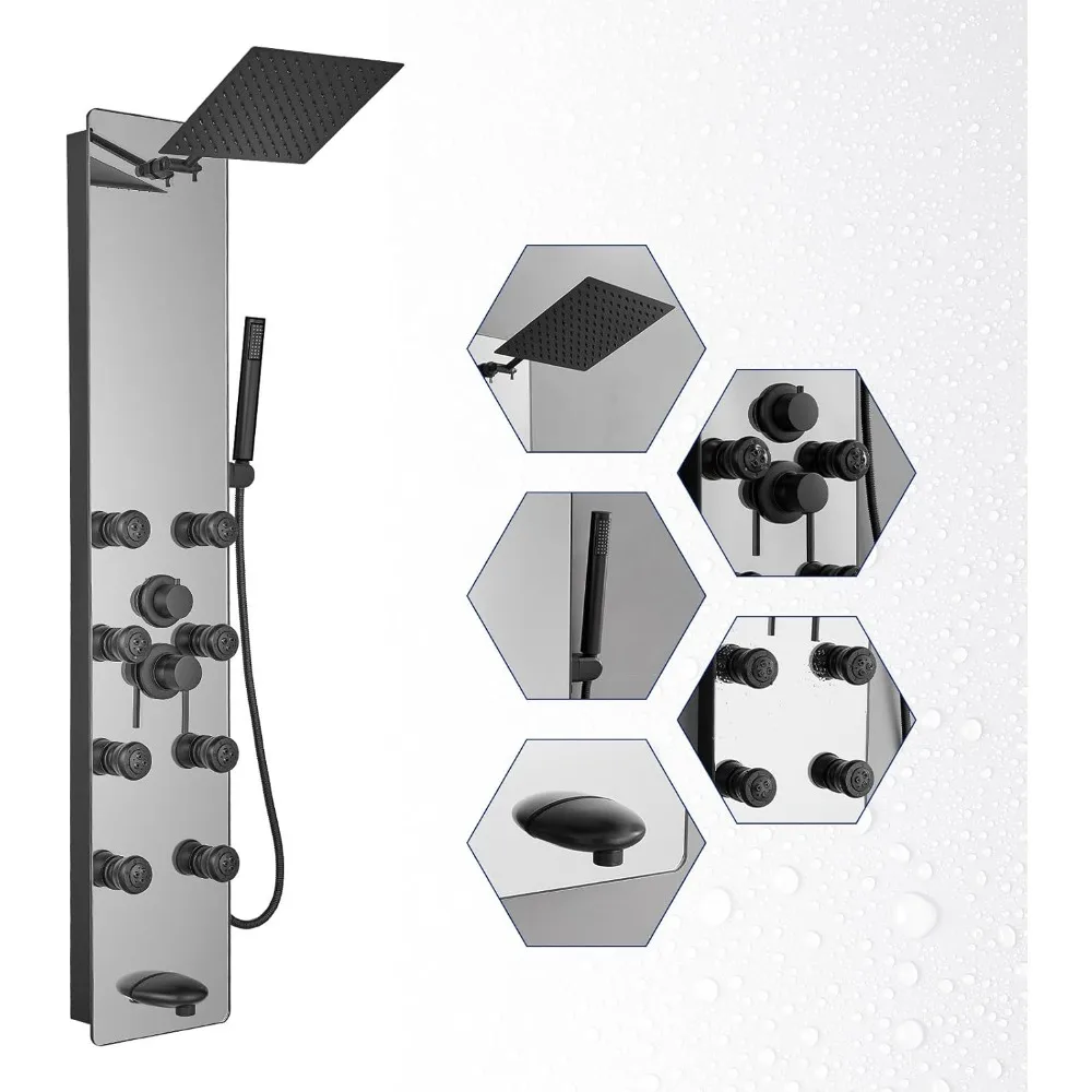 

Stainless Steel Multi-Function Shower Panel with Tempered Glass and Rainfall Shower Head Featuring 8 Massage Jets