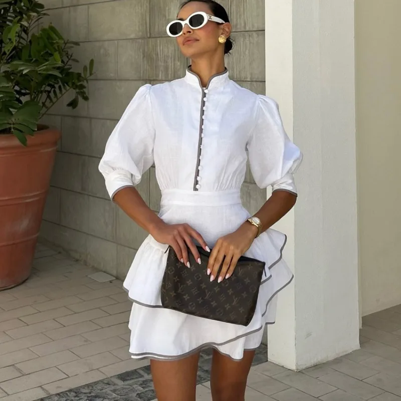 Mulheres elegantes espartilho plissado mini vestido y2k vintage meia manga puff gola único breasted em camadas flowy a linha vestido