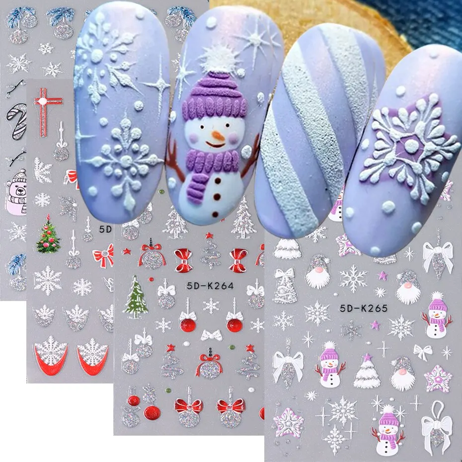 4pcs 5D Cute Christmas Snowman Nails Decals Winter Snowflake Santa Claus Snow Nail Stickers Slider Decoration Embossed Manicure