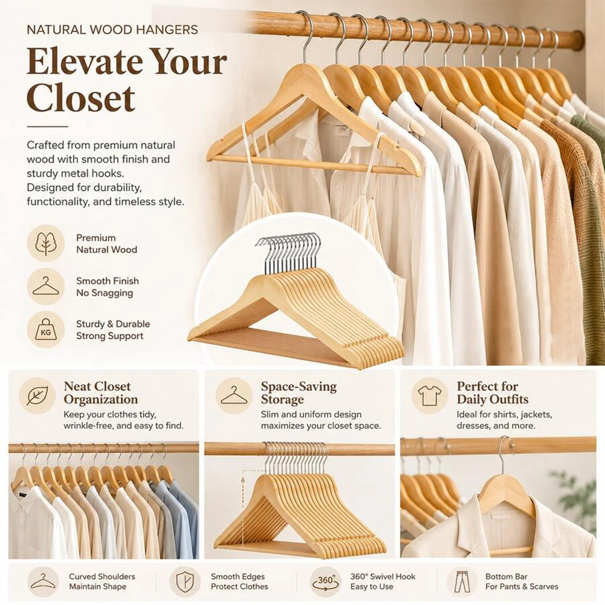 High quality household hangers - Durable hangers -360 degree rotating hooks - Wooden hangers with shoulder grooves