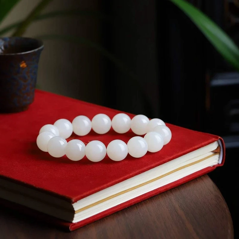 Natural Hotan Qinghai Material Sheep Fat Grade White Jade Beads Round Jadeite Bracelet