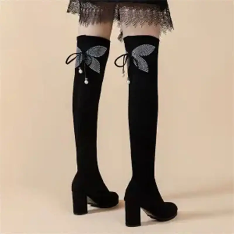 Footwear Thigh High Women's Boots Rhinestone Heels Shoes for Woman Elegant Heeled Above Over The Knee Fashion 2024 New in Sale