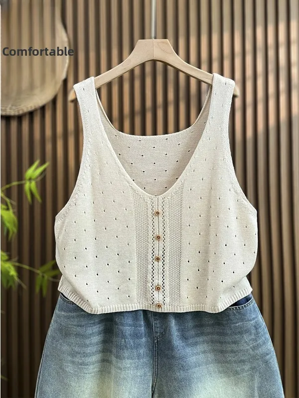 Slimming V-Neck Sleeveless Knitted Vest Top Women's Fashion Summer New Style Hollow out Design All-Match Euro Style Girl's Vest