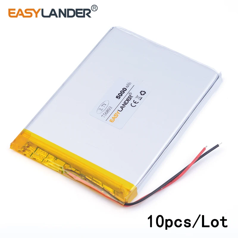 

10pcs /Lot 5000mAH 756893 3.7v lithium Li ion polymer rechargeable battery for tablet pc DVD GPS cell phone speaker POWER BANK