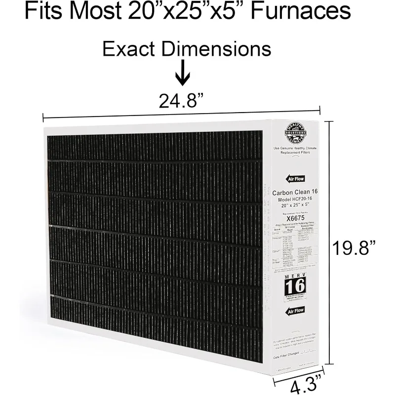 X6675 20x25x5 Air Filter, Carbon Clean Merv 16 Home Furnace Filter for HVAC system 4 Pack with Wholesalehome Cleaning Cloth