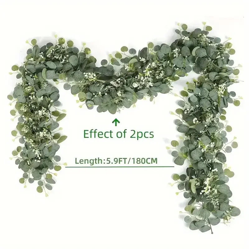 Lush 70.8'' Faux Eucalyptus Garland With White Flowers - Perfect For Home & Holiday Decor, Wall Hanging, Yard, And Party Accents