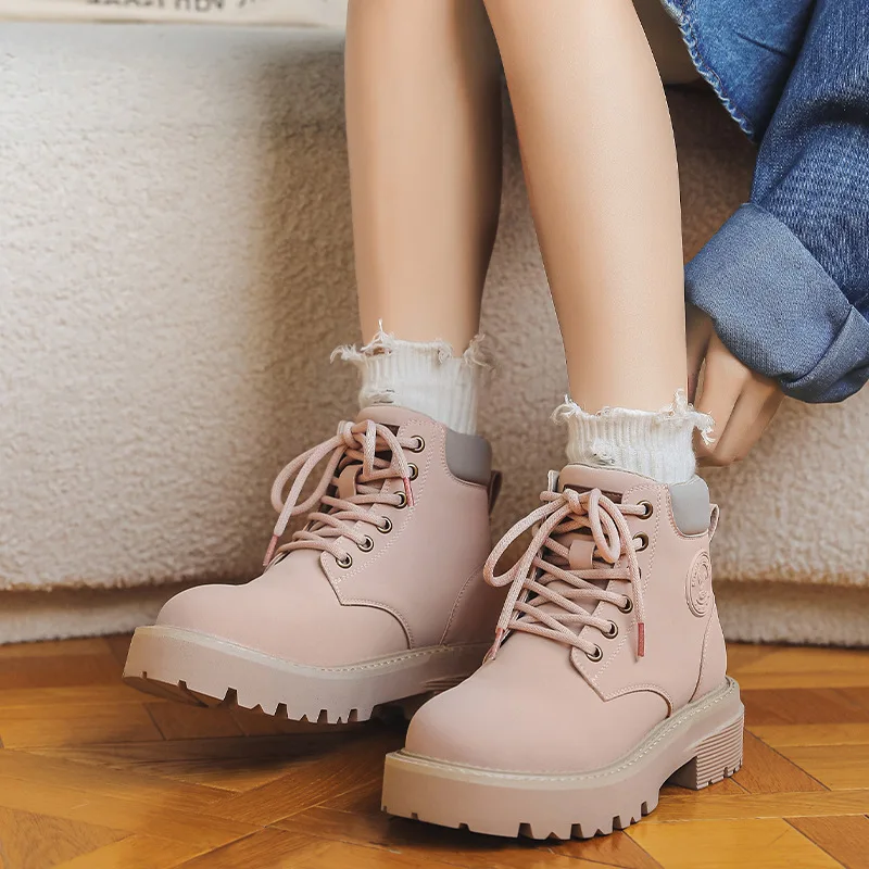 

Retro British Style Leather Lace-Up Locomotive Boots Thick-Soled Heightening Versatile Pink Medium-Top Casual Women's Boots