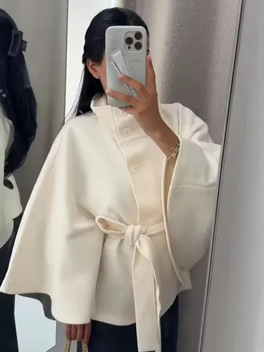 Imagen 2 del producto Chaquetas de cuello alto con cordones para mujer, abrigos con cinturón de mezcla de lana sintética, capa cálida y elegante para otoño e invierno, novedad de 2026