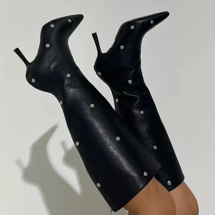 Design Woman's Black Leather Round Metal Rivets Decor Mid Calf Boots Sexy Pointed-Toe Knee-High Fashion Stiletto Boots