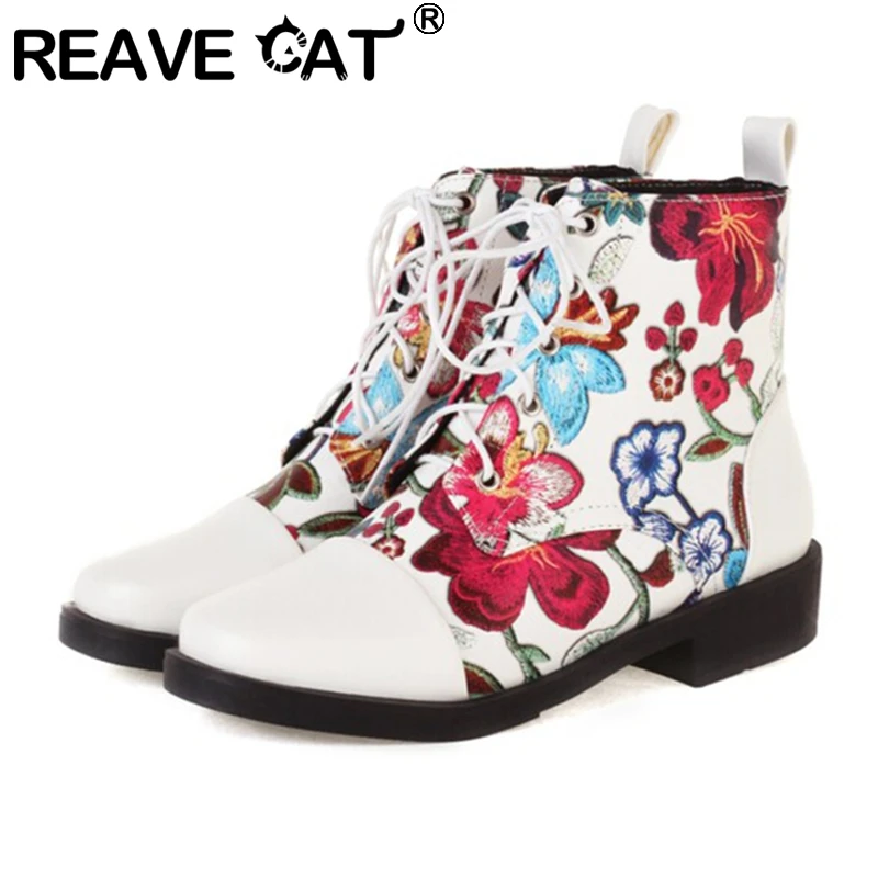 

Ботильоны REAVE CAT на массивном каблуке 3 см с ремешками и принтом, круглый носок, большой размер 43, US11, вечерние женские ботильоны желтого цвета