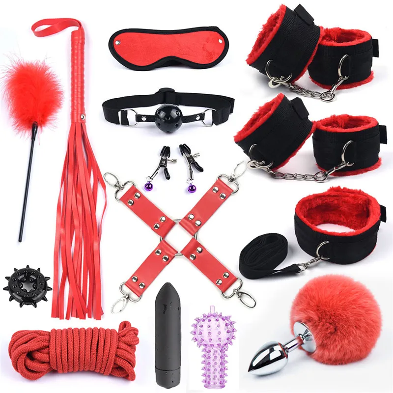 Women's Erotic Nylon Bondage BDSM Kit with Handcuffs Sex Whip Mouth Gag Rabbit Tail Anal Plug for Adult Games view 4