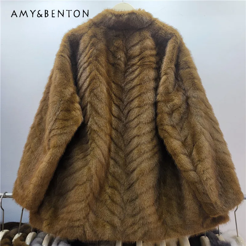 

Streetwear Stand Collar Thickened Mink Faux Fur Coat Double-breasted Mid-Length Warm Soft Fur Integrated Outerwear Jacket Female
