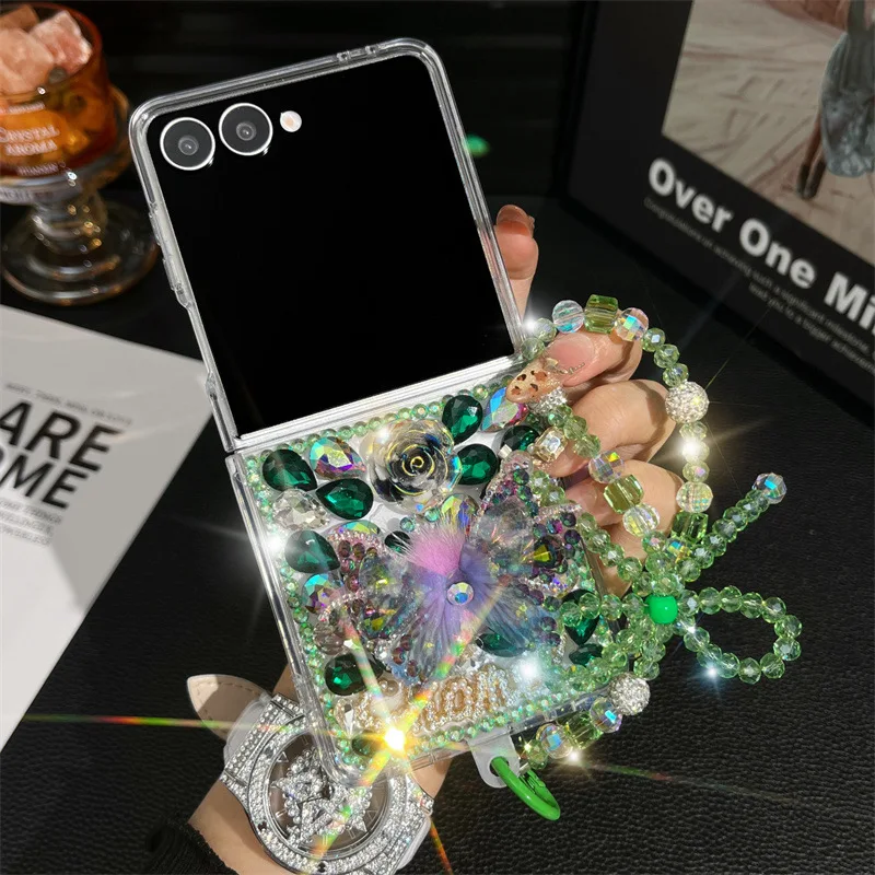 For Samsung Galaxy Z Flip 7 FE 6 5 4 3 Flip7 5G Luxury Crystal Vivid Butterfly Flower Diamond Stone Pearl Wrist Phone Case Cover view 3