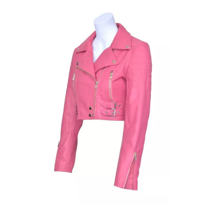 Women's Cropped Style Genuine Lambskin 100% Leather Jacket Designer Pink Outdoor