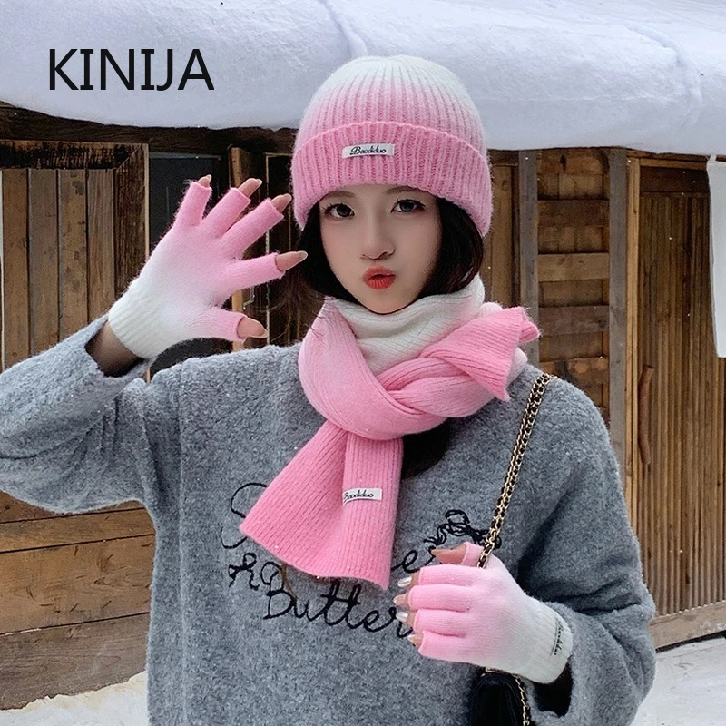 3 قطعة التدرج اللون محبوك قبعة وشاح قفازات مجموعة للنساء في الهواء الطلق يندبروف الدافئة ركوب التزلج مجموعة قبعة صغيرة الكورية