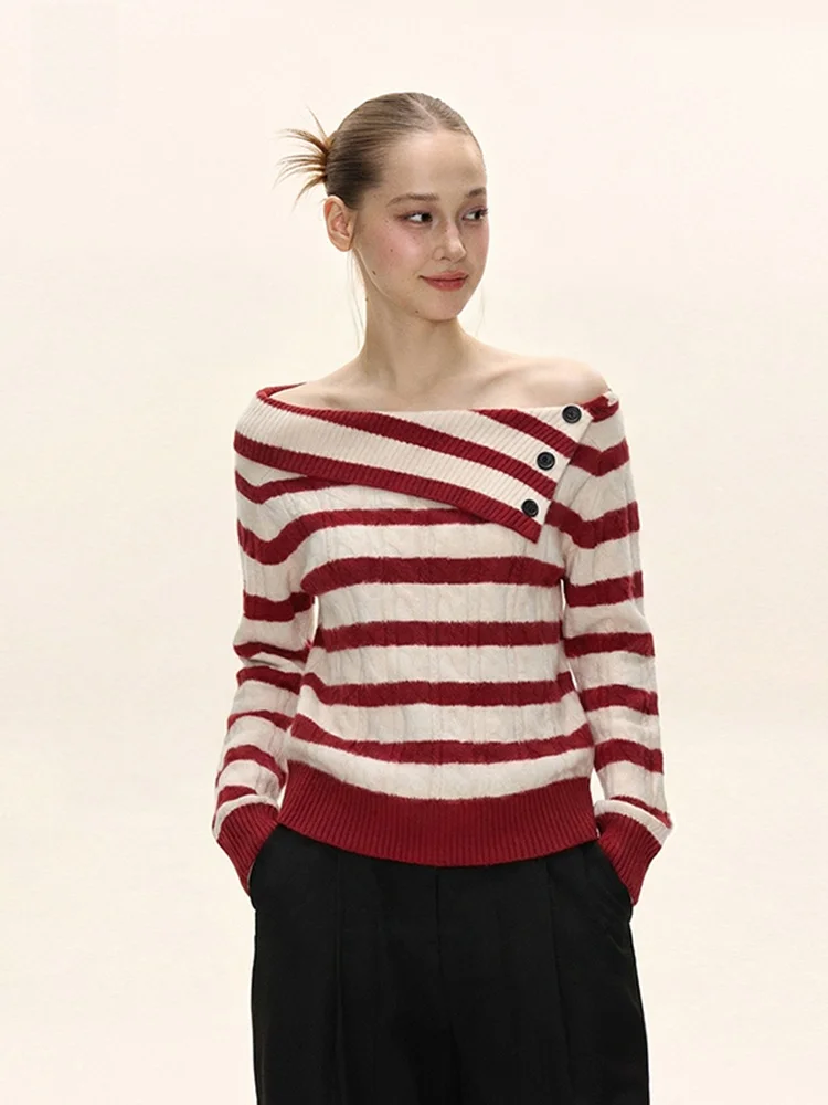 

Красный полосатый вязаный свитер с открытыми плечами и узором «косы», свободный крой, женский, весна-осень, повседневный, с длинными рукавами, вязаный топ с полосатым узором