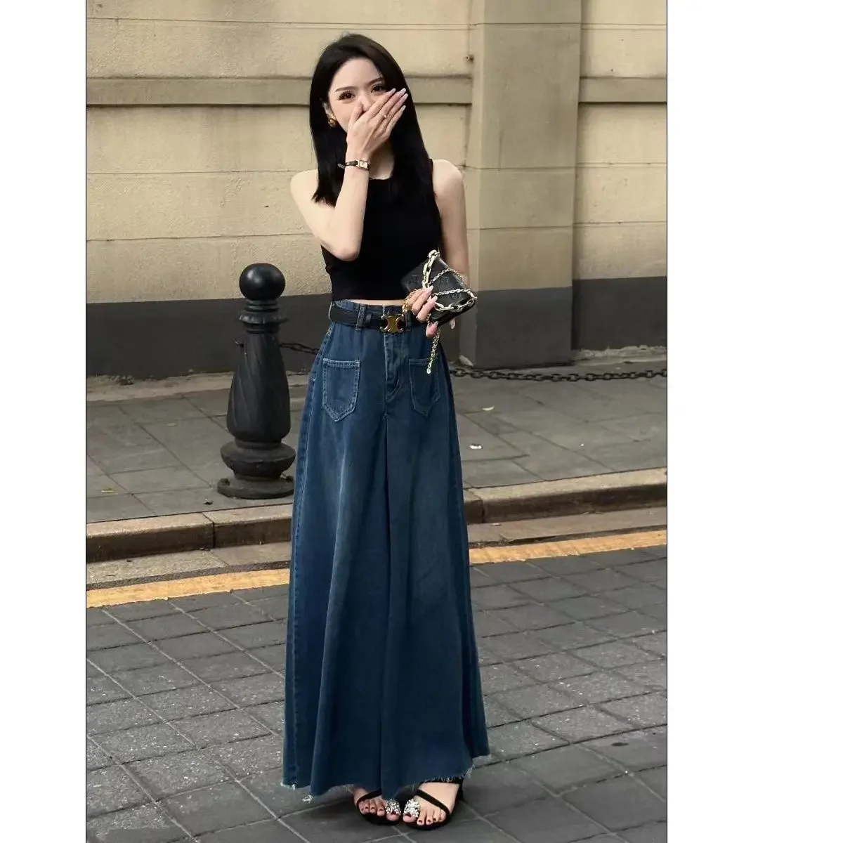 

Super Wide Leg Denim Skirt Women Loose Trousers Spring Summer Vintage New Famale High-rise Baggy Skinny Retro Flared Jeans Pants