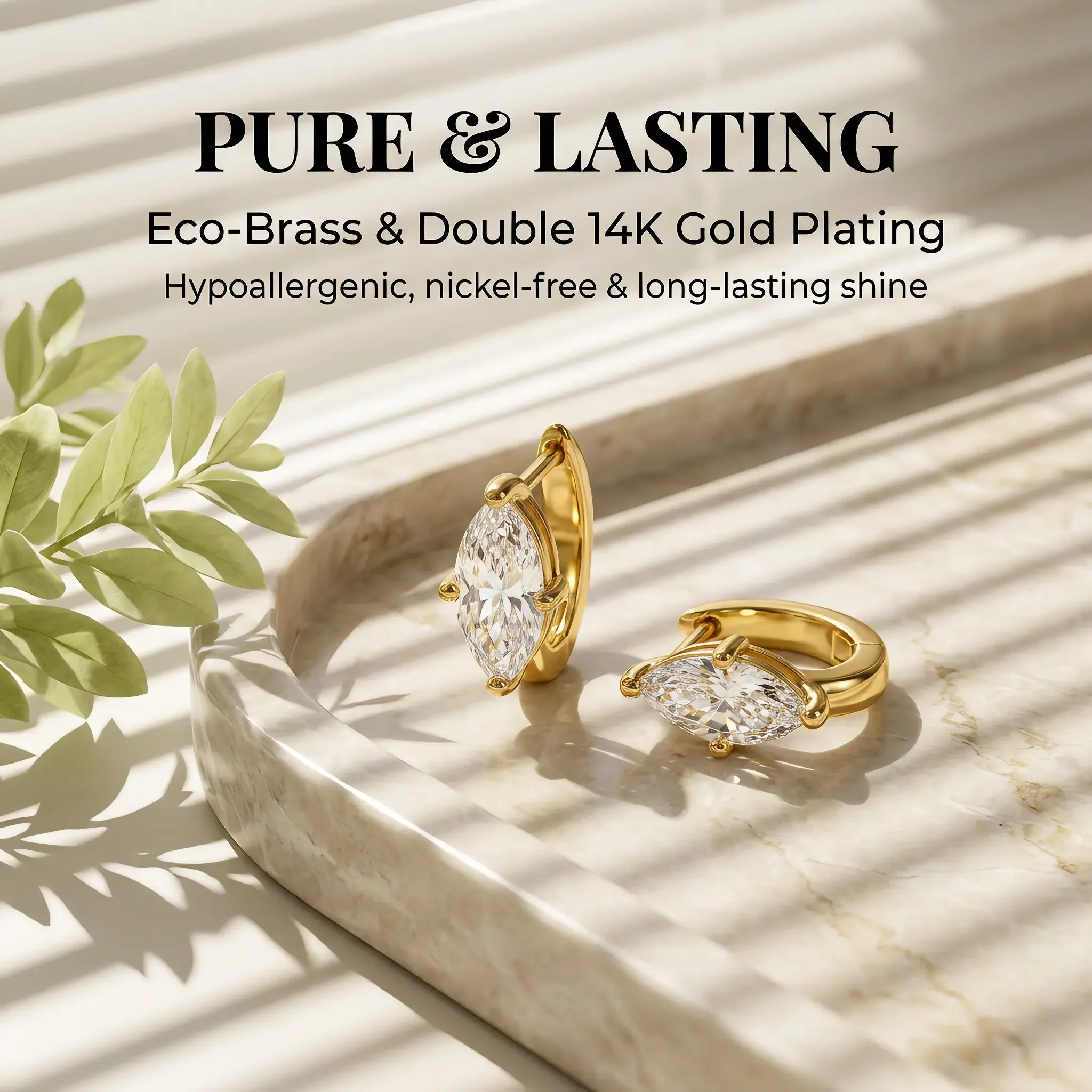Moonmory Minimalistische Luxus-Marken-Schmuckstücke, Messing-Ohrringe im Birnen-Schliff für Damen, 5A 14K Doppel-Goldplattierung, Zirkon-Creolen – Detail 10