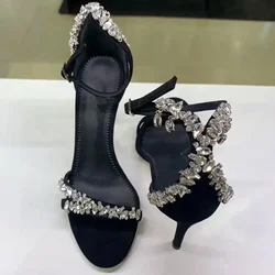 Crystal Design High Heels Women Open-toe Black Strappy Heels Suede 2024 Summer New Party Dress Rhinestone Sandals Femmes Pumps