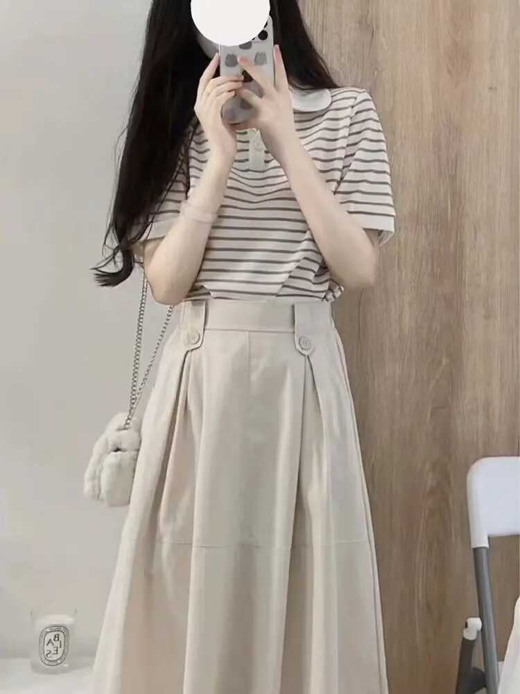 Summer Sweet Style Skirt Set 2024 New Korean Style Style Casual Fashion Short Sleeve Top Half Skirt Set