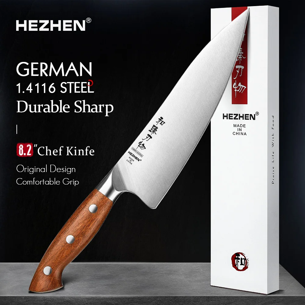 HEZHEN 8.2 Inches Chef Knife 1.4116 steel Red Wood Handle Cook Tools Core Blade Kitchen Knife Accessories Box Packing