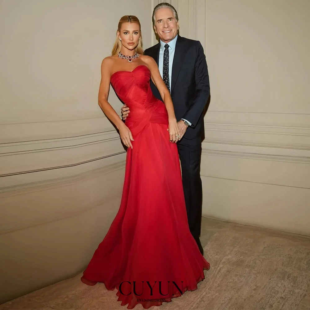 

CUYUN 2025 Classic Red Evening Dresses Sweetheart Sleeveless Tulle Pleated Prom Dress Customized Mermaid Luxury Women Party Gown