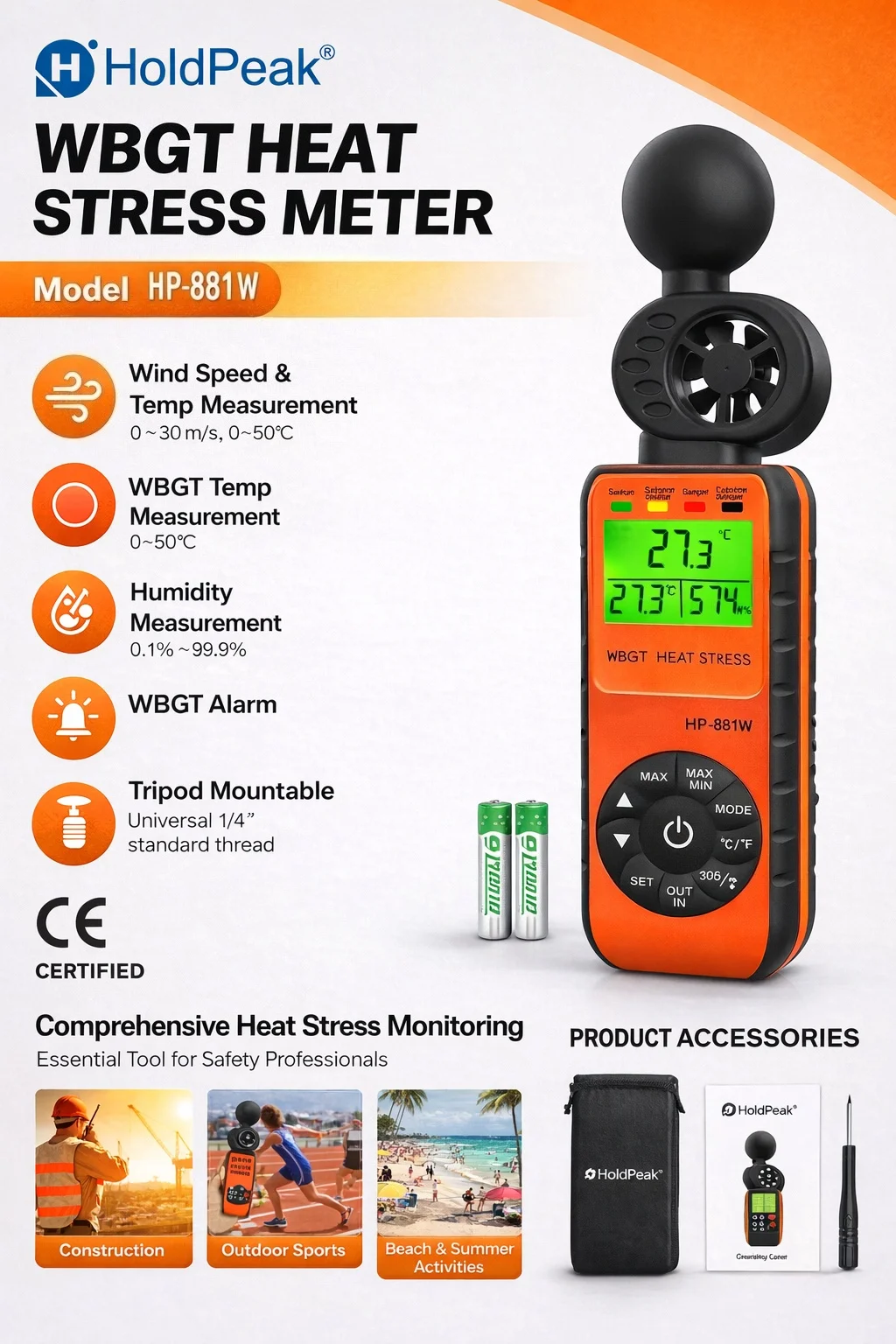 HoldPeak 881W WBGT Heat Stress Meter Wind Temp Humidity Monitor 4-Level Hazard Alert for Mining Factory Marathon