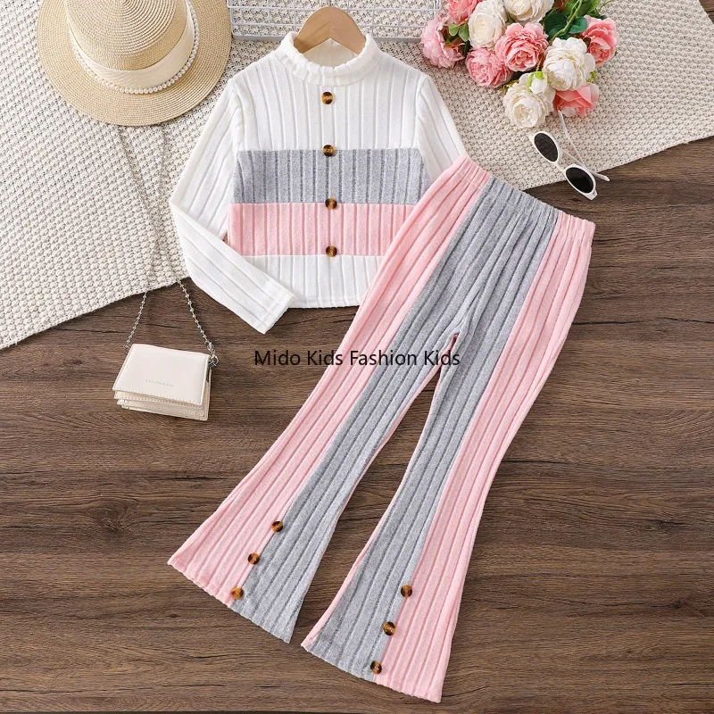 Sweet Children's Two-Piece Set Casual Knit Patchwork Contrast-Colour Half-Turtleneck Trousers Autumn/Winter New Arrival