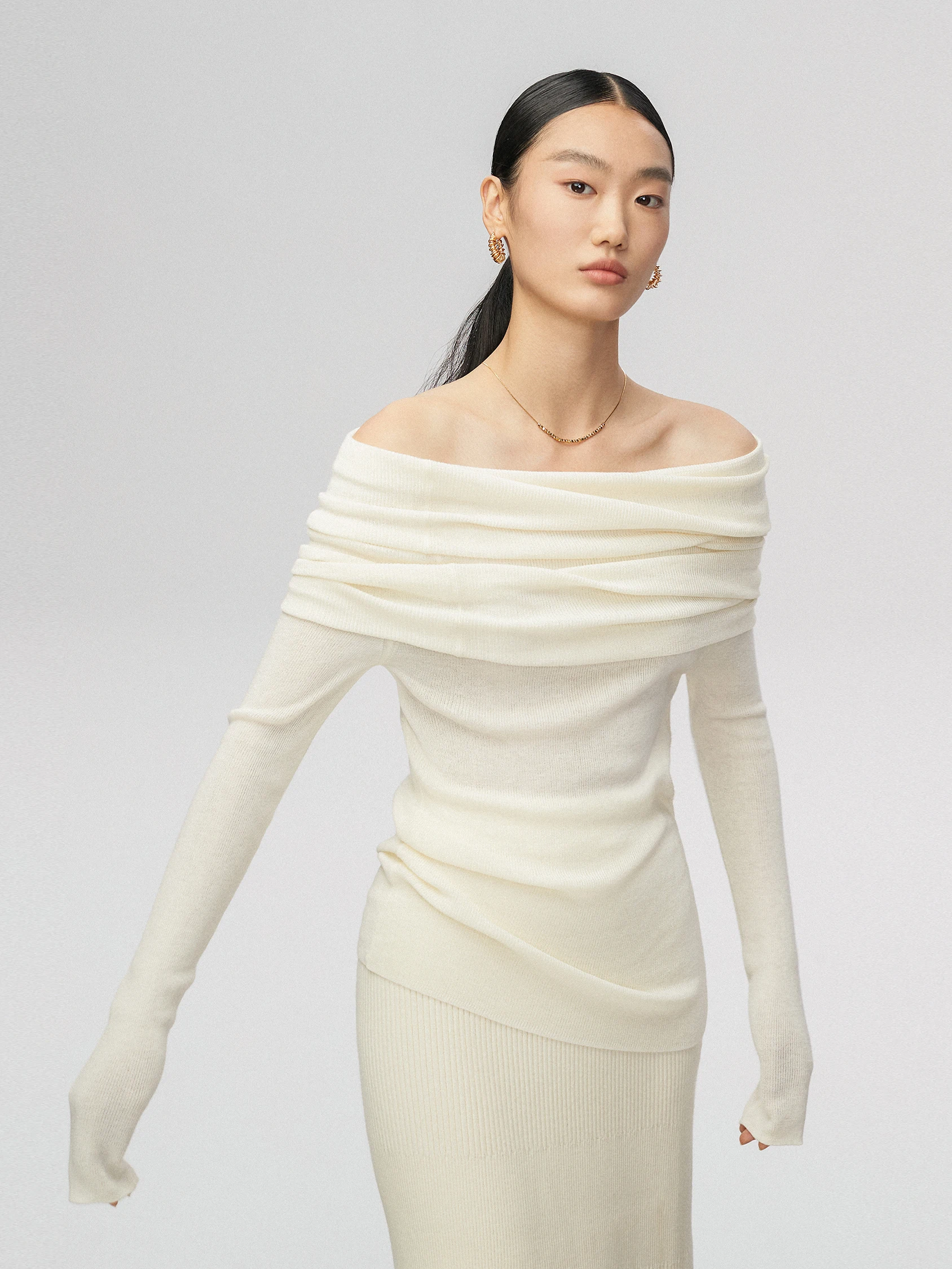 

Off-Shoulder Knitted Sweater for Women, Spring and Autumn, Slim Fit, One-Shoulder Sweater, Design Top, Inner Layer, Base Shirt