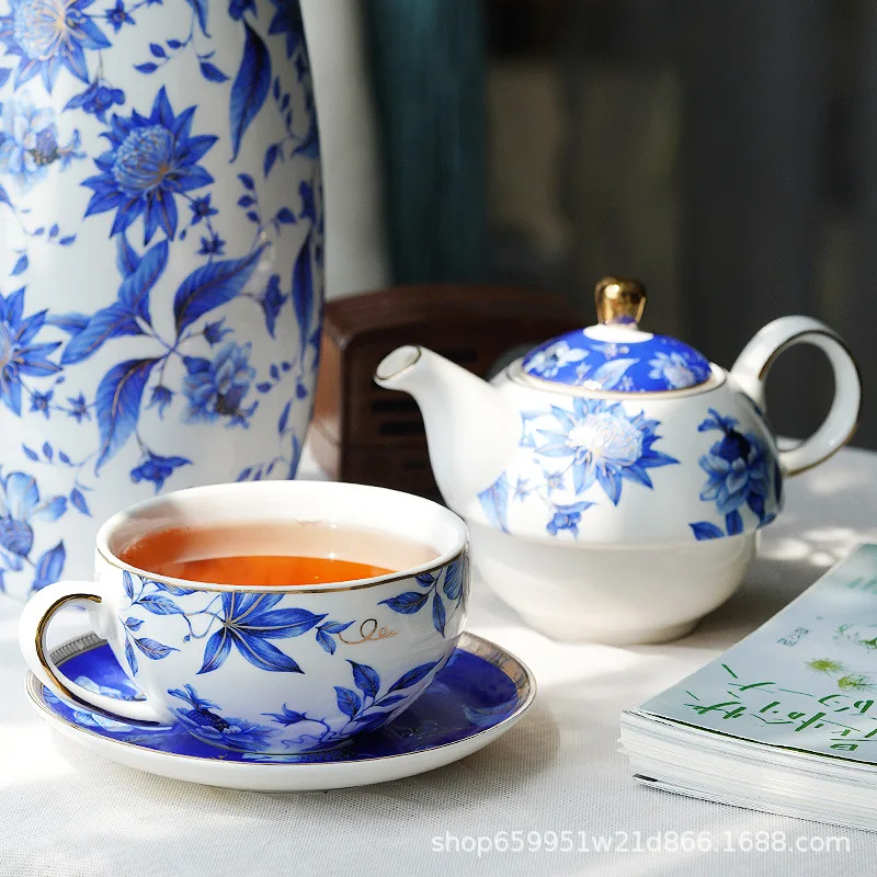 , teacup set, English blue and white mother and child pot, European teapot, one pot, one cup, one person drinking flower teapot