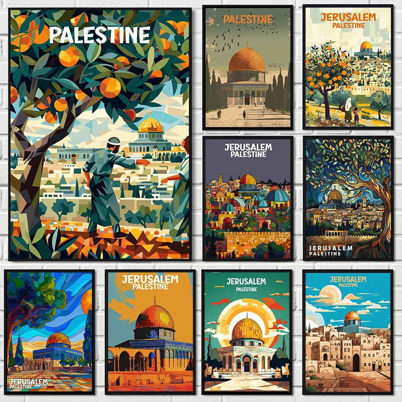 Jerusalem Palestine Travel Poster Religious Shrines Watercolor Prints Canvas Painting Wall Art Pictures Home Living Room Decor