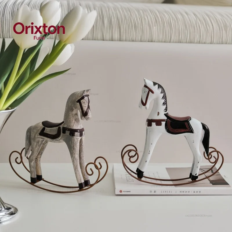 Wooden Rocking Horse Nordic Retro Vintage Colorful Small Wooden Horse Home Children's Room Decoration Desktop Ornaments