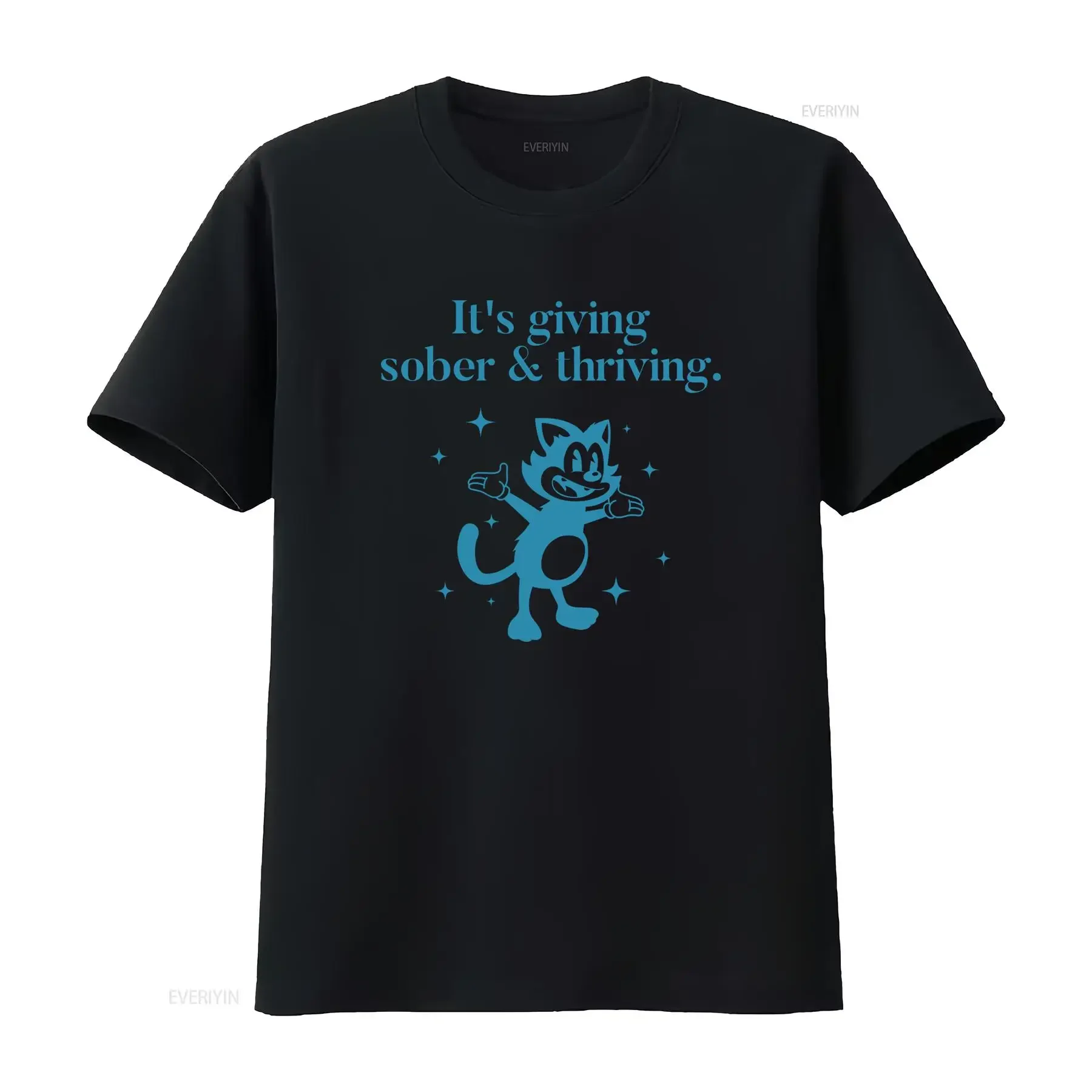 T-shirt décontracté streetwear imprimé slogan 'Cat Sober Thriving' style dessin animé rétro vintage, effet délavé, doux et confortable
