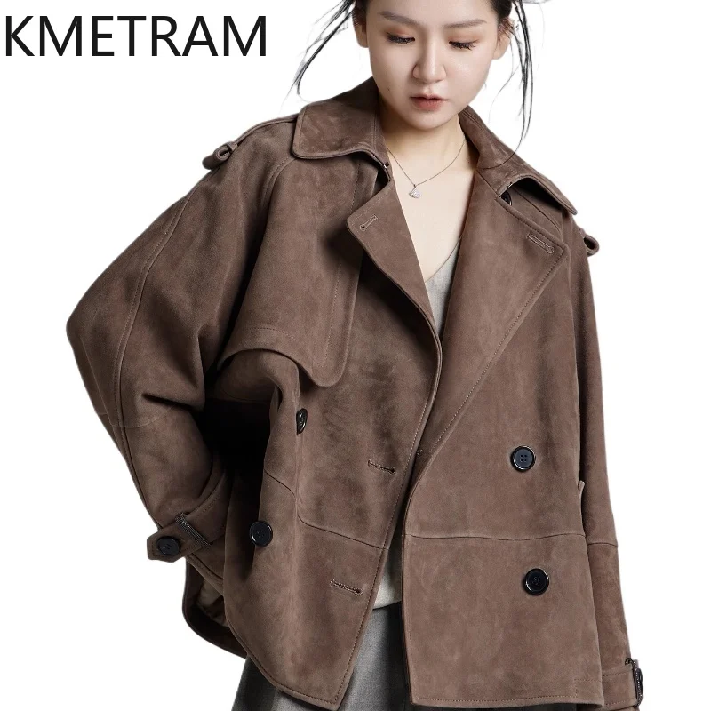 KMETRAM 100% 천연 양가죽 리버스 스웨이드 진짜 가죽 재킷 여성용 루즈핏 가을 신상 아우터웨어 2025 숏 코트