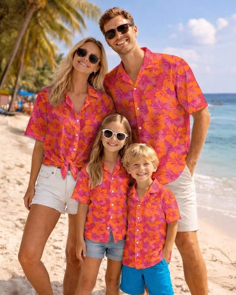 

Tropical Hibiscus Tiki Hawaiian Shirt Orange Pink Flower Pattern Shirt Sunset Palm Tree Theme Beach Vacation Men's T-shirt
