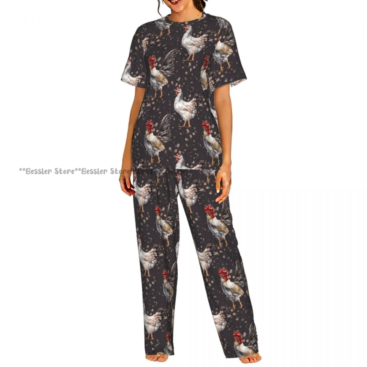 

Женская комфортная пижама с коротким рукавом, комплект для сна с принтом кур и петухов