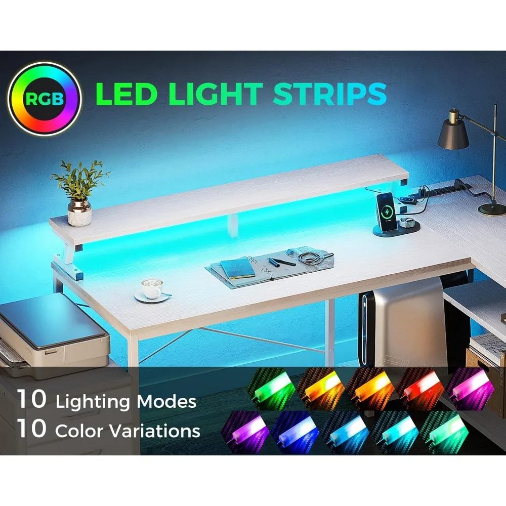 引き出し付きのL字型ゲームデスク,LEDライト付きのリバーシブルコーナーコンピュータデスク,大きなホームオフィスデスク,収納棚