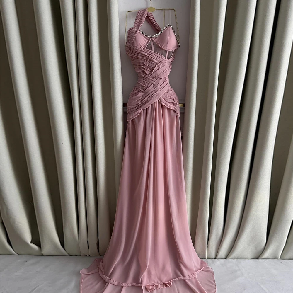 

Customized A-line Evening Dresses Floor-length One-shoulder Sleeveless Prom Gown Fashion Crystal Pleat Backless Party Gown