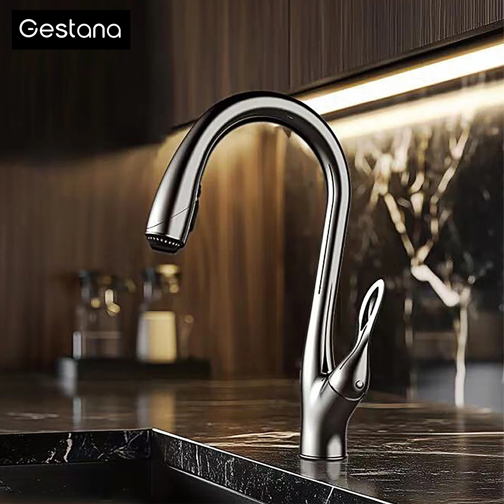 Brushed Gold Brass Kitchen Faucet Pull Out Sprayer with Ceramic Cartridge Hot Cold Mixer Tap Modern Sink Faucet Durable Design L