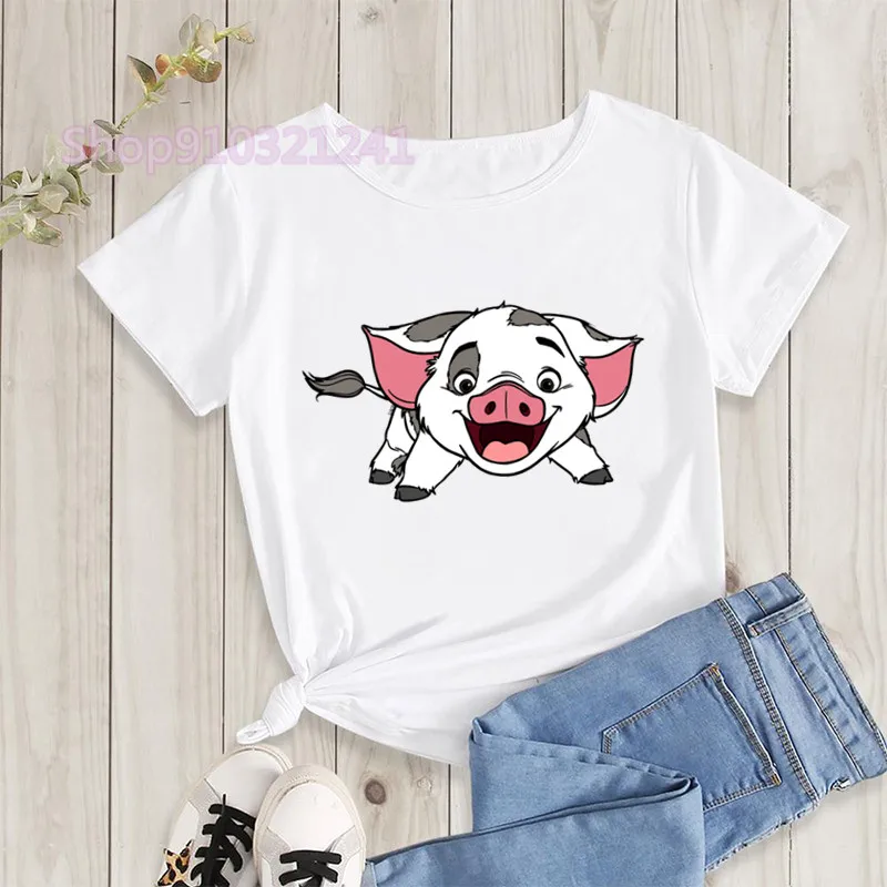 Kawaii śmieszna koszulka Moana damska Harajuku Streetwear śliczna księżniczka Tshirt z grafiką T-shirt z motywem zwierzęcym kreskówka koszulki