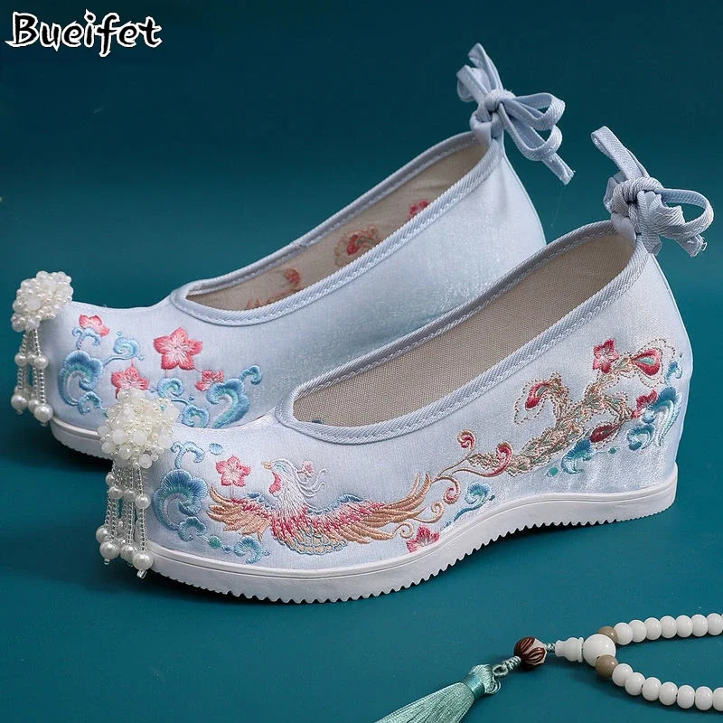 Embroidered Hanfu Canvas Shoes Women Internal Increase Ancient Fairy Chinese Style Lace-up Cloth Shoes Wedding Hanfu Shoes