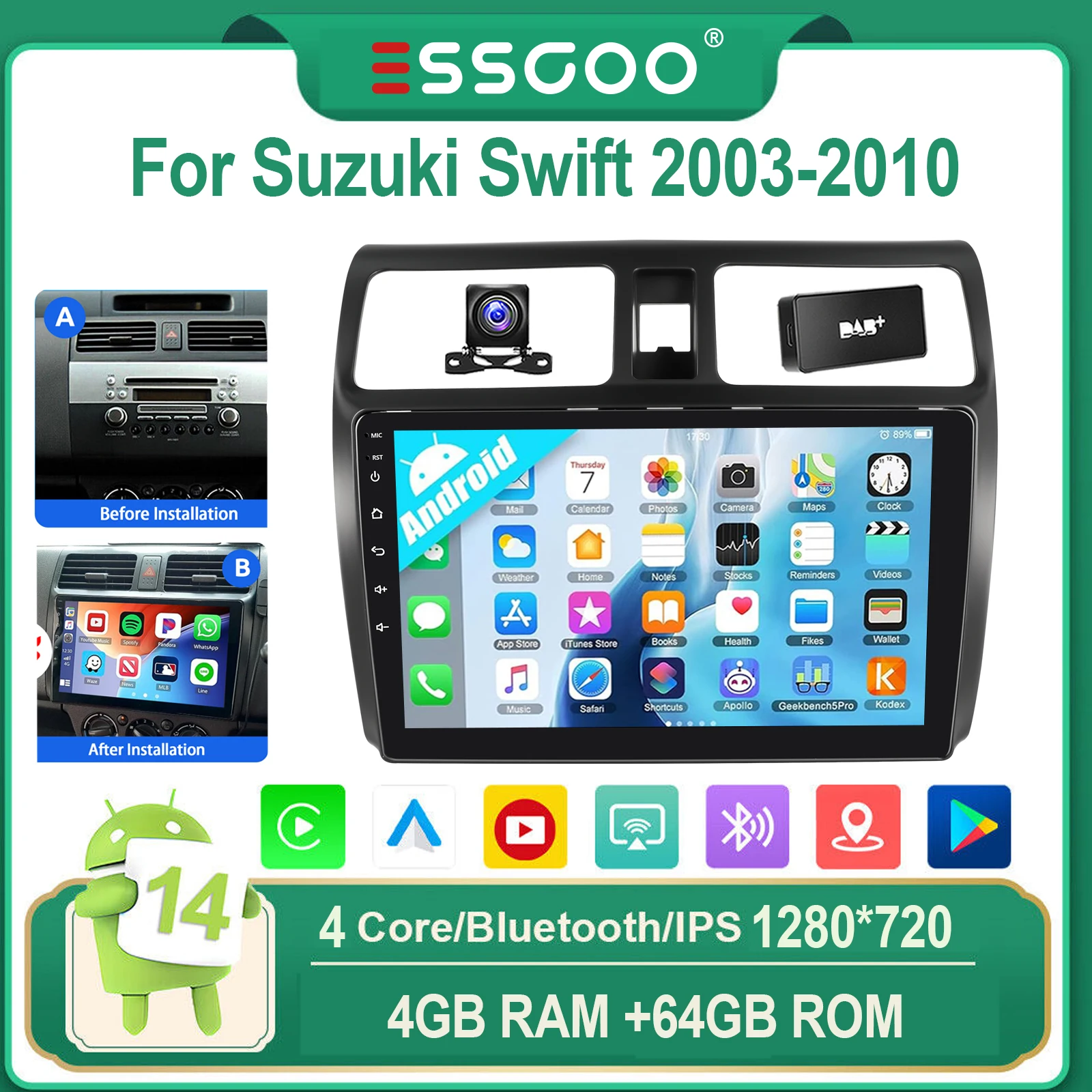 ESSGOO Voor Suzuki Swift 2003-2010 Android 14 10" IPS Touchscreen Autoradio Draadloze CarPlay Android Auto WIFI GPS Bluetooth FM Mirror Link Stuurwielbediening 4-Core Multimedia Videospeler